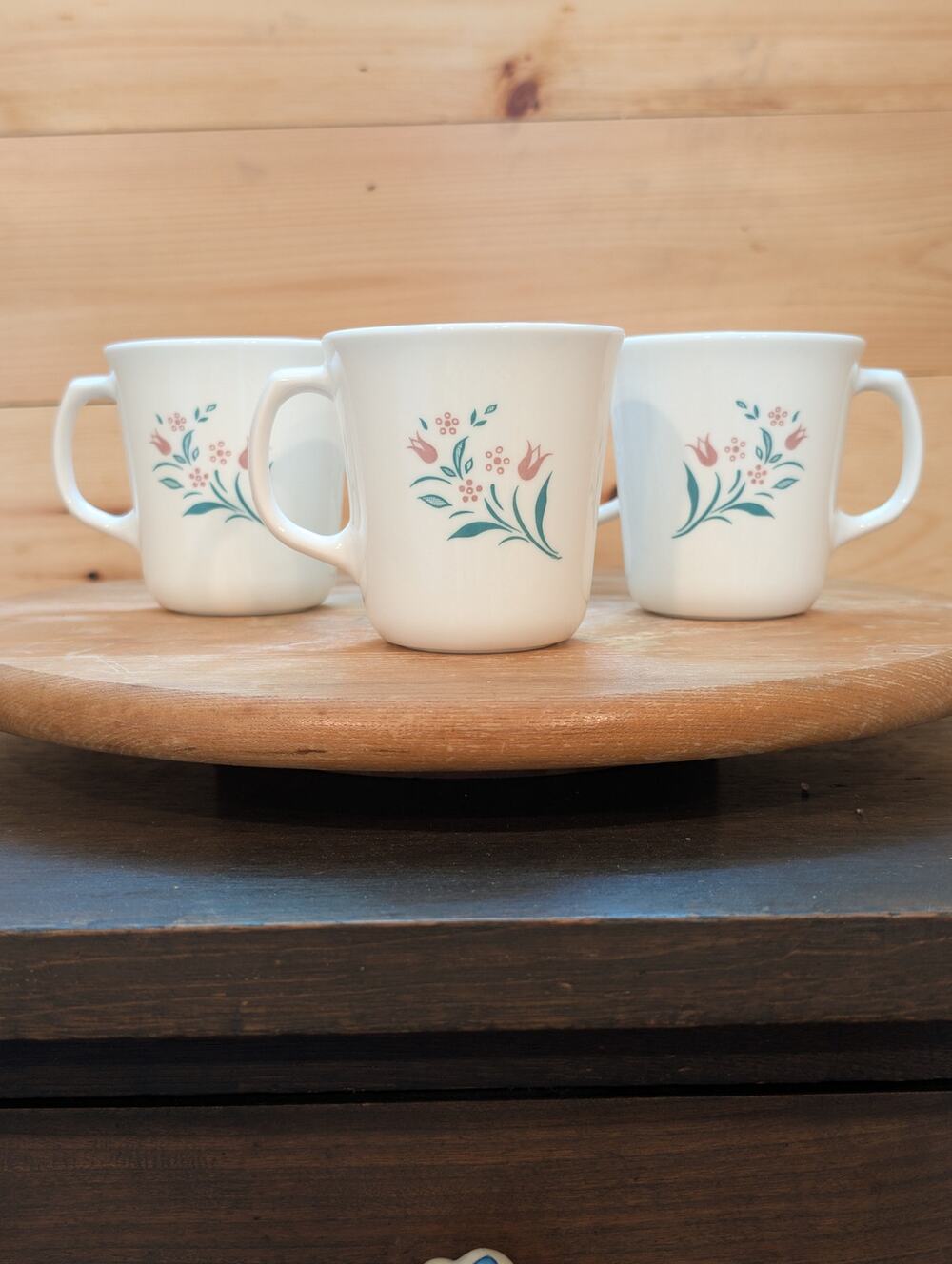 Set of 4 Corning Rosemarie Mugs Pink Tulip Floral Milk Glass Cups - Vintage